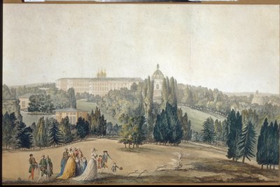 Utsikt över Tsarkoye Selo (Sankt Petersburg). Kejsarinnan Katarina II:s strandpromenad (1729-1796). (Utsikt över Tsarkoye Selo. Kejsarinnan Katarina II går). Verk av Michel Francois Damam Demartrait (1763-1827), gravyr och akvarell. fransk konst av Michel Francois Damam-Demartrait