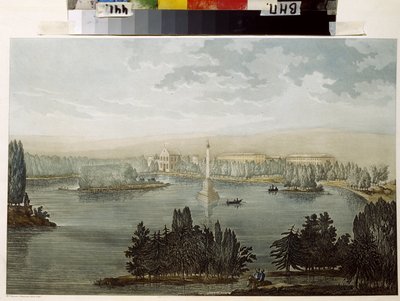 Utsikt över Tsarskoye Selo. Chesme-kolumnen. (Utsikt över Tsarskoye Selo. Chesme-kolonnen). Verk av Michel Francois Damam Damartrait (1763-1827), gravyr färgad med akvarell av Michel Francois Damam-Demartrait
