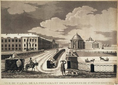 Utsikt över Izmailovsky-bron och baracker över Fontanka-floden, sent 1700-tal. av Michel François Damame Demartrais