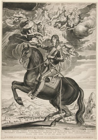 Ryttarporträtt av Ludvig XIII (Bourbon) (1601-1603) vid 33 års ålder. Landskapet är efter Callot av Michel Lasne