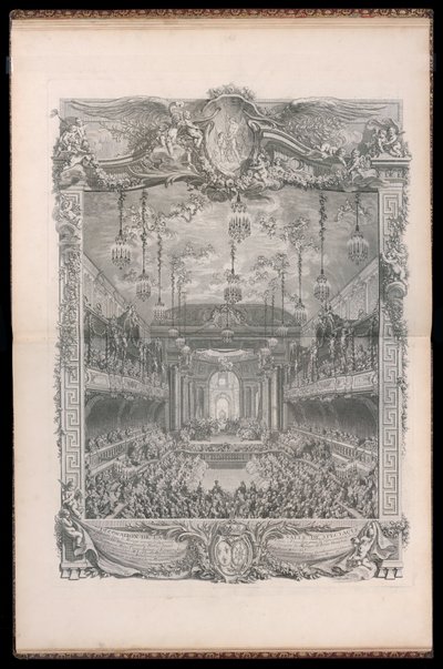 Utsmyckning av auditoriet, byggt i den täckta ridskolan i det stora stallet i Versailles, för framförandet av prinsessan av Navarra Comedy Ballet, som ges i samband med Louis Dauphins äktenskap med Marie Thérèse Infante d. av Michel de Bonneval