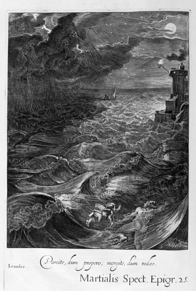 Leander simmar över Hellesponten för att träffa sin älskarinna hjälte, 1655 av Michel de Marolles