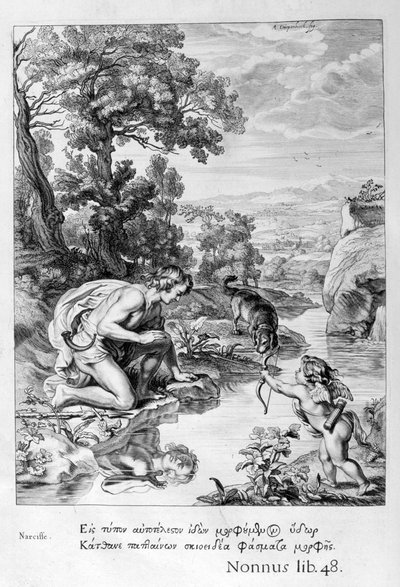 Narcissus förälskad i sin egen reflektion, 1655 av Michel de Marolles
