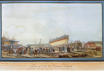 Sjösättningen av fartyget Le Caton i hamnen i Toulon i närvaro av greven av Provence i juli 1777 (Gouache av Michel de Toulon