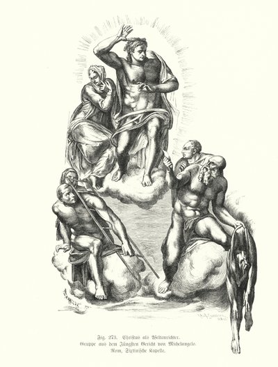 Kristus domaren, detalj från Michelangelos sista dom, målning på altarväggen i Sixtinska kapellet, Peterskyrkan, Rom, Italien (gravyr) av Michelangelo (after) Buonarroti