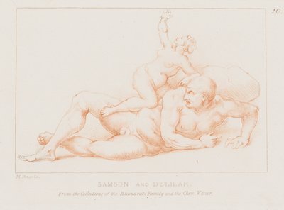 Simson och Delila (etsning) av Michelangelo (after) Buonarroti