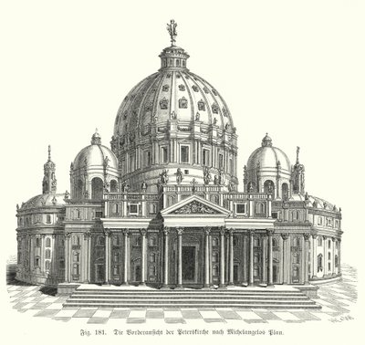 Vy över Michelangelos design för fasaden av Peterskyrkan, Rom, Italien (gravyr) av Michelangelo (after) Buonarroti