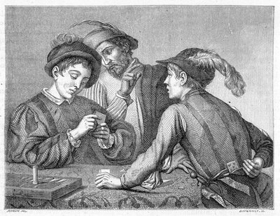 Fuskarna. 1800-talsgravyr som föreställer Caravaggios verk (il Caravaggio) omkring 1596. av Michelangelo (after) Caravaggio