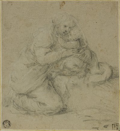 Knästående mamma som omfamnar barnet av Michelangelo Anselmi