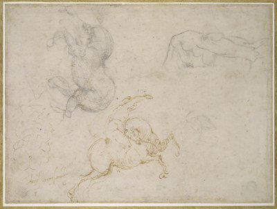 En ryttare som laddar och andra studier (penna och brunt bläck med och över svart krita på benvitt papper) av Michelangelo Buonarroti