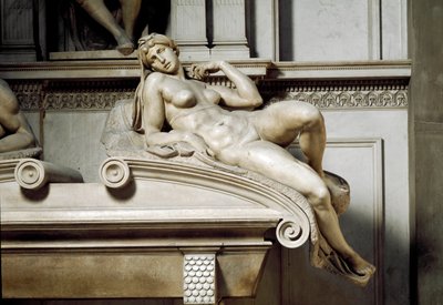 Allegori av norrsken. Graven av Laurent II av Medicis. Marmorskulptur 1531 av Michelangelo Buonarroti