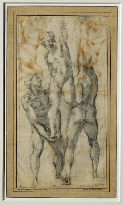 Två nakna män som lyfter en tredje, ca 1502-06 ... av Michelangelo Buonarroti