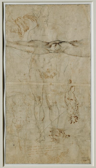 Olika studier av figurer, inskription baserad på en sonett av Petrarca, ca 1506 ... av Michelangelo Buonarroti
