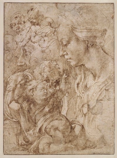 "Studier för en helig familj med Johannes döparen som barn" (Studier för en helig familj med Johannes döparen som barn) Teckning av Michelangelo Buonarroti (1475-1564) - 1505 - Penna, pensel, tusch på papper Dim 28, 7x20 ,9 cm Staatliche Museen, Berlin av Michelangelo Buonarroti