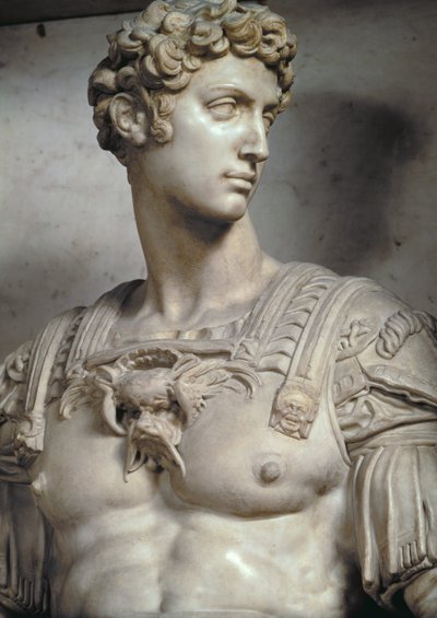 Giuliano de Medici, hertig av Nemours 1479-1516, detalj av figur från hans grav av Michelangelo Buonarroti 1475-1564, 1533 marmordetalj av 85089 & 52674 av Michelangelo Buonarroti