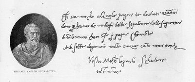 Michelangelo Buonarrotis handskrift och signatur (penna och bläck på papper) av Michelangelo Buonarroti