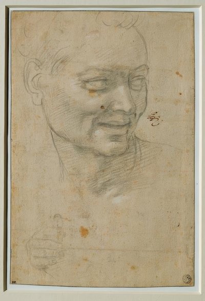 Ignudons huvud och högra hand ovanför och till vänster om Jesaja av Michelangelo Buonarroti