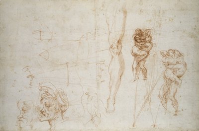 Hercules och Antaeus och andra studier, c.1525-28 (krita på papper) av Michelangelo Buonarroti