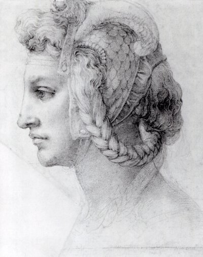 Idealiskt kvinnohuvud, ca 1525-28 (svart krita på papper) av Michelangelo Buonarroti