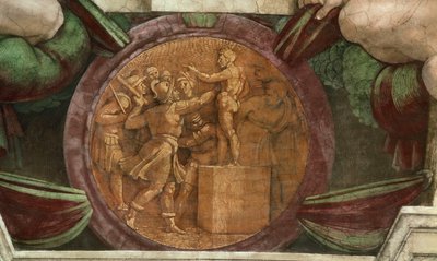 Medaljongen representerar förstörelsen av statyn av guden Baal..., 1508-1512. av Michelangelo Buonarroti