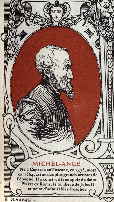 Porträtt av den italienska renässansmålaren Michelangelo Buonarroti dit Michel Ange (Michelangelo eller Michelangelo av Michelangelo Buonarroti