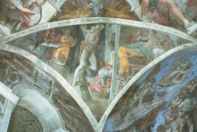 Sixtinska kapellets tak: Haman (spandrel) (förrestaurering) av Michelangelo Buonarroti