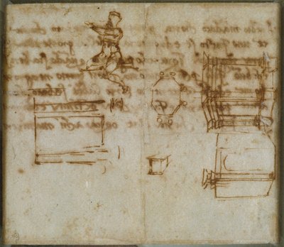 Små skisser av arkitektur och en liten figurstudie, sent 1400-tidigt 1500-tal av Michelangelo Buonarroti