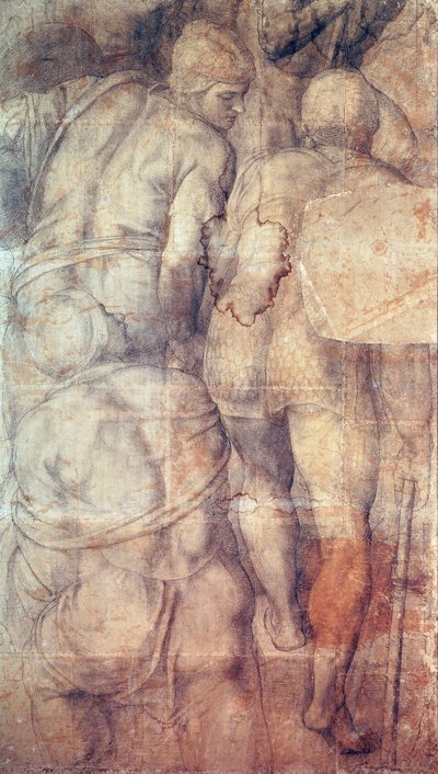 Soldater, av Michelangelo (1475-1564), förberedande tecknad serie (undermålning) för fresk av St Peters korsfästelse skapad i Pauline Chapel i Vatikanpalatset av Michelangelo Buonarroti