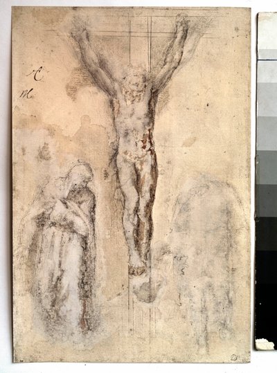 Studera för en korsfästelse Representation av Kristus på korset med Jungfrun och Sankt Johannes. Teckning av Michelangelo Buonarroti dit Michelangelo (Michelangelo eller Michel Ange av Michelangelo Buonarroti