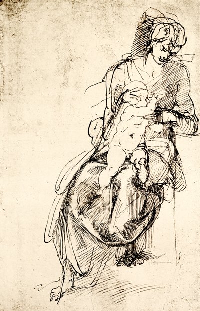Studie till Madonnastatyn i Medici-kapellet i Florens av Michelangelo Buonarroti