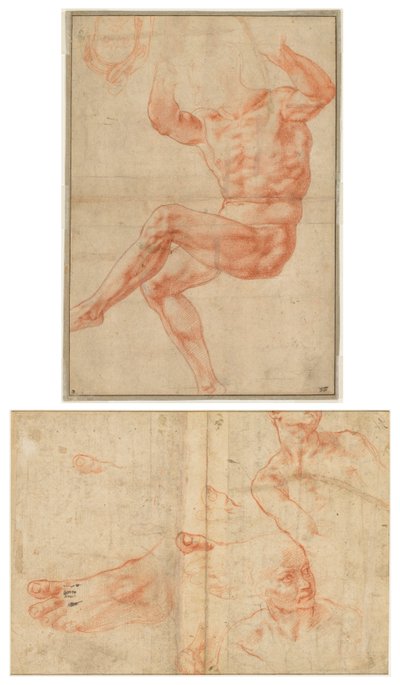 Studera för naken ungdomar över profeten Daniel (recto); Figurstudier för det sixtinska taket (verso) av Michelangelo Buonarroti