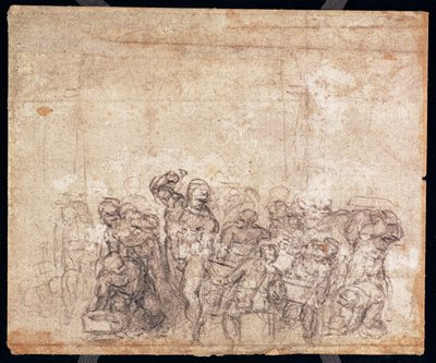 Figurstudie för en berättande scen (svart krita på papper) (verso) (för recto se 191777) (se även 191767) av Michelangelo Buonarroti