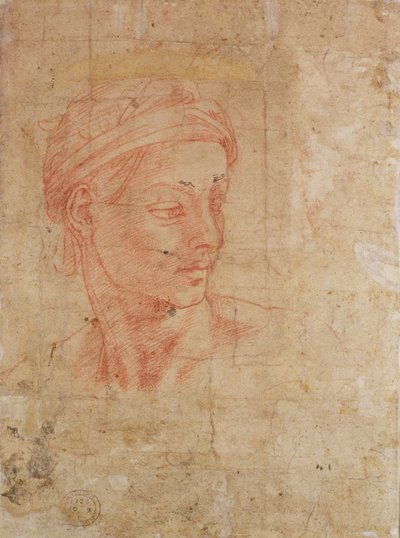 Studie af et hoved (rødt kridt på papir) sved av Michelangelo Buonarroti