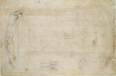 Studie av en mans arm och några arkitektoniska skisser, c1490-1560 av Michelangelo Buonarroti