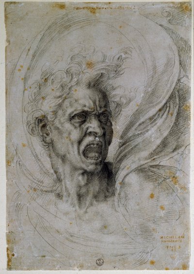 Studerar huvudet på en skrikande man. Teckning av Michelangelo Buonarroti känd som Michel Ange eller Michelangelo eller Michelangelo (1475-1564). Florens, Uffizimuseet (Florens, avdelningen för tryck och teckningar av Uffizierna). av Michelangelo Buonarroti