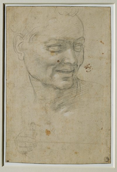 Huvud och ignudosens högra hand ovanför och till vänster om Jesaja, vid valvet i Capella Sistina ... av Michelangelo Buonarroti