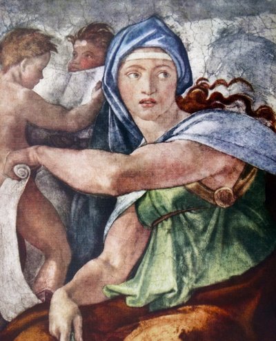 Den delfiska sibylla (detalj från Sixtinska kapellet, Vatikanen, Rom) 1509 av Michelangelo (1475-1564). av Michelangelo Buonarroti