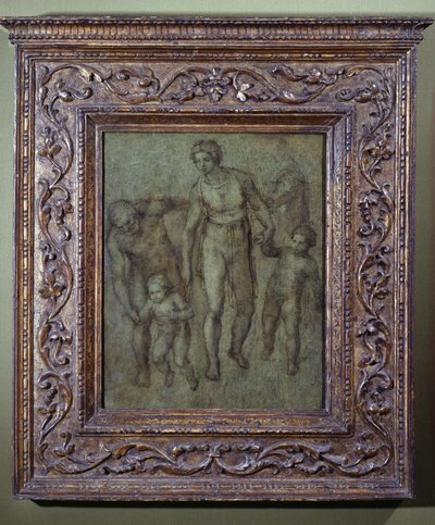 Den heliga familjen med Johannes Döparen, ca 1540 (pensel och bruntvätt på panel) av Michelangelo Buonarroti