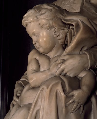 Jesusbarnet, detalj från Madonna och barn, av Michelangelo (1475-1564), Notre Dame-kyrkan i Brygge, Belgien av Michelangelo Buonarroti