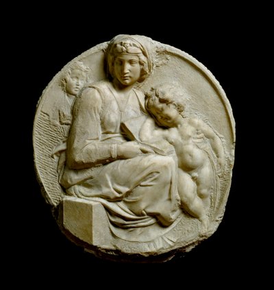 Jungfru och barn med Johannes döparen Madonna Pitti eller Tondo Pitti. Präglade marmorstrumpor av Michelangelo Buonarroti av Michelangelo Buonarroti