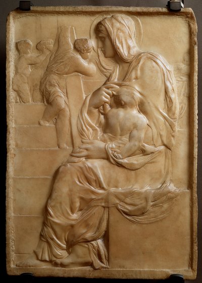 Jungfru på trappan (Madonna della Scala) Låg marmorrelief av Michelangelo Buonarroti dit Michel Ange (Michelangelo eller Michelangelo av Michelangelo Buonarroti