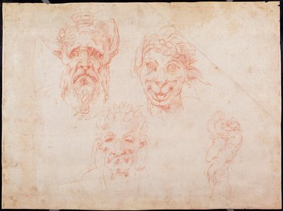 W.33 Skisser av satyransikten (röd krita på papper) av Michelangelo Buonarroti
