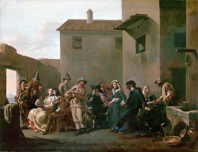 Dans på Trattoria ... (olja på duk) av Michelangelo Cerquozzi