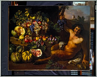 Stilleben med en satyr i ett landskap (duk) av Michelangelo Cerquozzi