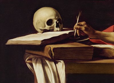 Saint Hieronymus, skrift (detalj från målning 64912) av Michelangelo Merisi Caravaggio