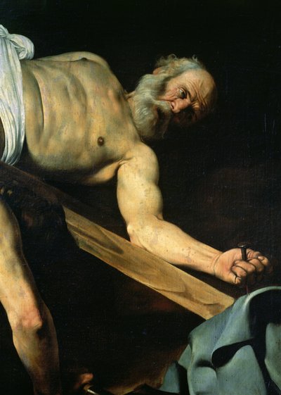 The Crucifixion of St. Peter, detalj av St. Peter, 1600-01 av Michelangelo Merisi Caravaggio