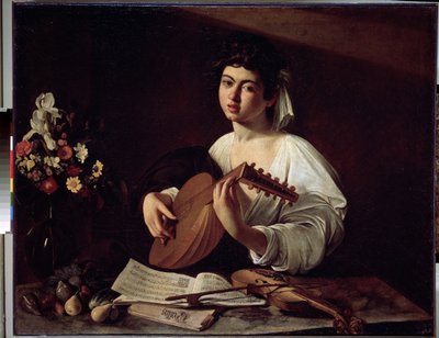 ""Lutspelaren"" (Lutspelaren) Målning av Michelangelo Merisi känd som Caravaggio (Caravaggio) (1571-1610) omkring 1595 Mått 94x119 cm Eremitagemuseet, Sankt Petersburg. av Michelangelo Merisi da Caravaggio