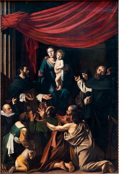 Madonna vid rosenkransen (olja på duk av Michelangelo Merisi da Caravaggio