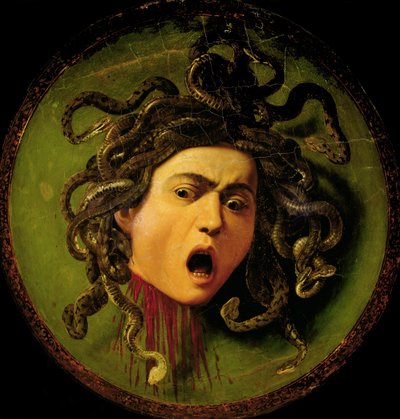 Medusa, målad på en tornerspelsköld av läder, ca 1596-98 (olja på duk fäst på trä) (före restaurering) av Michelangelo Merisi da Caravaggio