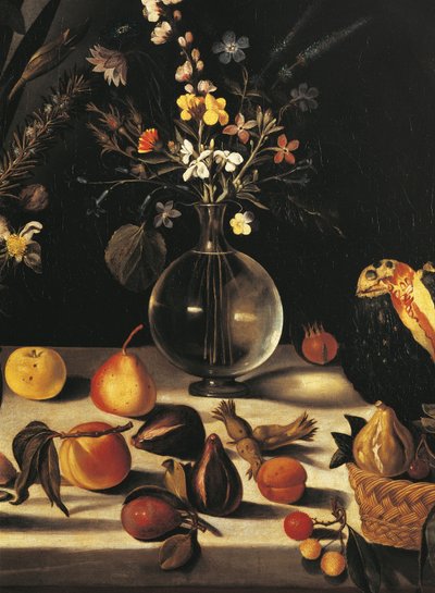 Stilleben med blommor och frukt, av Master of the Hartford Still Life, c.1600-10 (olja på duk) (detalj av 507174) av Michelangelo Merisi da Caravaggio